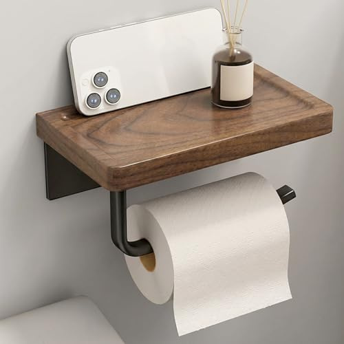 Toilet Roll Holder Wall Mounted, Concave Walnut Wood & Aluminum Toilet Paper Holder, Drill-Free & Drilled Installation, Plant Wax Oil Coating Toilet Roll Storage for Bathroom/Home/RV