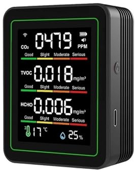 Detector de Gas, Detector de Calidad del Aire Tuya WiFi 5 en 1 Mejorado, formaldehído, TVOC, Temperatura, Humedad, CO2 y batería 15 Horas duración para el Trabajo y el hogar(WiFi 5in1 Monitor-B)