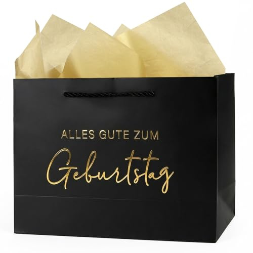 COMOOKA 28x10x20cm Geschenktüte Geburtstag XL + 2 Seidenpapier Papiertüte mit Henkel Schwarz Geschenktasche Goldfolie Happy Birthday Tüte für Männer Frauen Junge