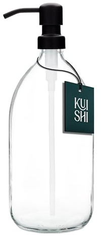 Kuishi Dispensador de Botella con Bomba de Vidrio Transparente [1000 ml, Bomba Negra] Botella dispensadora de jabón de Vidrio ámbar Recargable con Bomba de Acero Inoxidable, ecológica (sin BPA)