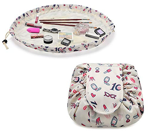 URAQT Kosmetiktasche mit Kordelzug, Lazy Kosmetikbeutel, Beige | Groß Kapazität Make Up Tasche, One-Step Organizer Makeup Tasche Schminkbeutel für Lazy Damen