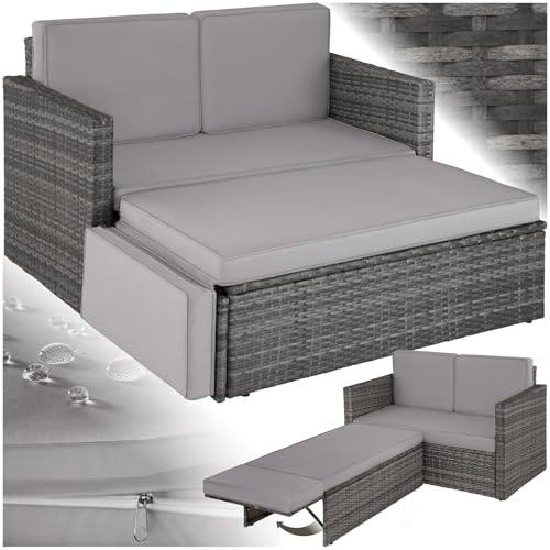 tectake® Salon de Jardin Exterieur en Poly Rotin Modulable Bain de soleil 2 Places 1 Canapé et 1 Tabouret Pouf avec Repose-pieds inclinable, Mobilier de Jardin pour Amenagement Balcon Terrasse Veranda