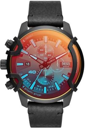 Diesel Montre pour homme Griffed, mouvement chronographe à quartz, boîtier en acier inoxydable noir de 46 mm avec bracelet en cuir, DZ4519