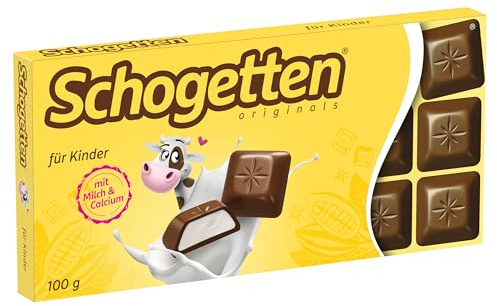 Schogetten für Kinder 100g Schokoladentafel, Vollmilchschokolade mit cremiger Milchcreme, praktisch einzeln portioniert. Ein Genuss. Stück für Stück.