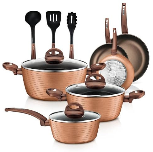 NutriChef NCCW12BRW.5 Kitchenware Pots & Pans-Stylish Cookware,Non-Stick Coating Inside&Outside + Heat Resistant Lacquer, Coffee Inside and Brown Outside (12-Piece Set), 18/8 Stainless Steel