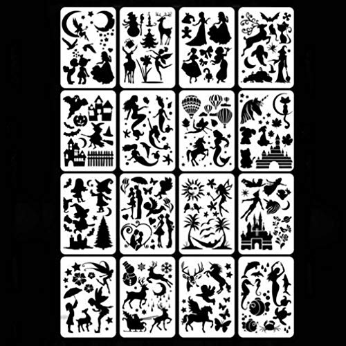 Fast Draw Stencil Art Templates - 16 Stück Schablonen, aus Kunststoff, Zeichenschablonen Muster für Bullet Journal, Scrapbooking, Fotoalbum, Gästebuch, DIY Geschenkkarten,Kinder