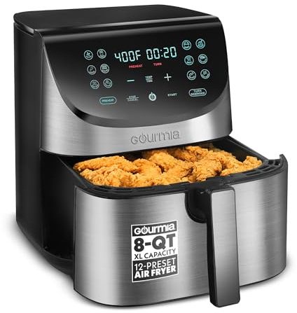 Gourmia Air Fryer - 8 Qt Extra Large Capacity, FryForce360º, Digital Display with 12 Presets, Roast, Bake, Broil, Dehydrate, Dishwasher Safe Accessories, Stainless Steel