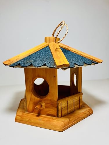DARLUX Sechseck Vogelhaus zum Hängen I Maxi Ø 35 cm I wetterfest I Futterstation für Wildvögel aus Holz und Bitumdach I Aufhängevorrichtung (Groß, Braun/Blau)