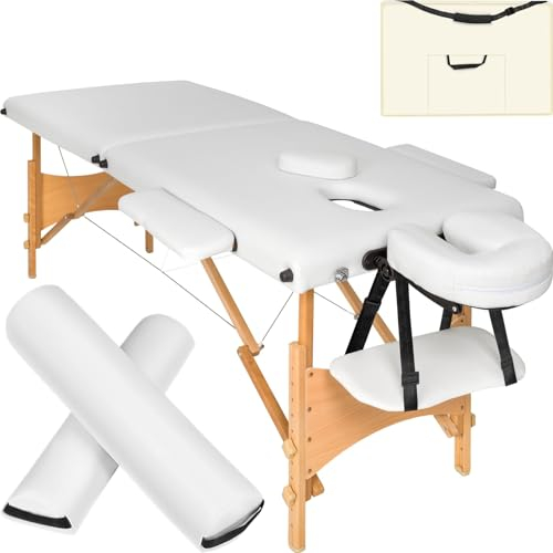 tectake® Mobile Massageliege 2 Zonen, klappbar, höhenverstellbar, mit Lagerungsrollen, belastbar bis 250kg, Physiotherapie Zubehör, Massagetisch für Kosmetik, Wellness oder Tattoo - weiß