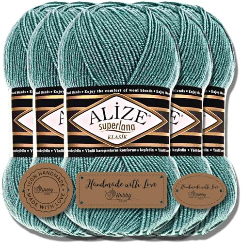 Hobby YARN 3x Etikettenlabel mit Alize Superlana Klasik Wolle Premium 5x100g als Set, Yarn, Garn, Strickgarn, Einfarbig, Baby, zum Häkeln, Stricken, Kleidung, Schals (Azure - 164)