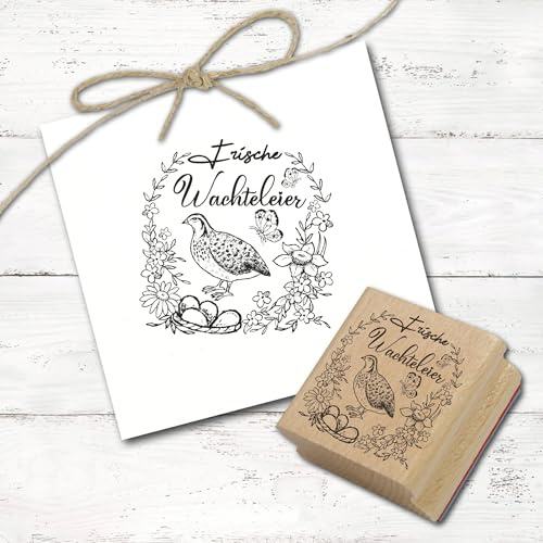 Stempel Frische Wachteleier - Motiv Wachtel mit Blumen und Schmetterlingen - Motivstempel für Eierkarton Eierverpackung Eierschachtel - ca. 68 x 68 mm Natur