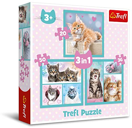 Trefl - Animali Carini - Puzzle 3 in 1, 3 Puzzle, da 20 a 50 pezzi - Puzzle Colorati con Animali, Gatti, Collage Diversi Gradi di Difficoltà, Divertimento Creativo, per Bambini dai 3 anni in poi