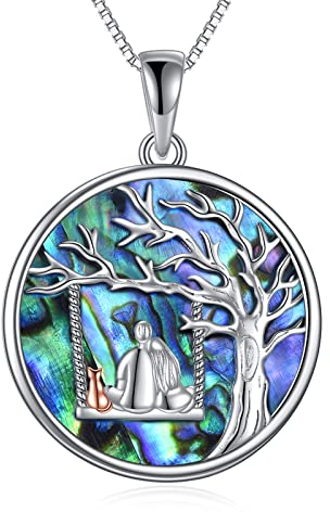 AOBOCO Collier arbre de vie en ormeau, en argent 925, bijou arbre de vie, chaîne de chat, cadeau pour femmes et filles, réglable, Argent sterling