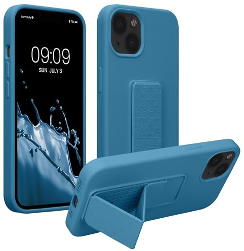 kwmobile Case for Apple iPhone 13 Case - Soft TPU Cover with Silicone Coating - With Hand Strap and Stand Function - Shockproof - Caribbean Blue