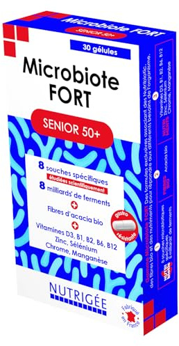 NUTRIGÉE - Microbiote Fort - Sénior 50+ - Renforce & Nourrit La Flore Intestinale, Maintient Ossature & Fonction Cognitive Normales, Réduit La Fatigue - 1 Prise/Jour - 30 Gélules - Fabriqué en France