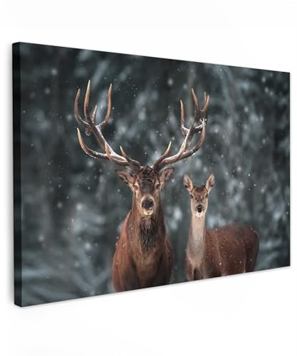 MuchoWow© Bild auf Leinwand Groß XXL Schlafzimmer Bilder Wand Deko - Natur | 120x80 cm - Wohnzimmer Modern Wanddeko Bilderwand Geschenk Hirsch - Rotwild - Reh - Tiere - Winter - Geweih - Schnee
