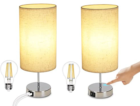 GBLY Nachttischlampe Touch Dimmbar 2er Set Modern Tischlampe mit USB | Anschlüsse, Schlafzimmer Nachttisch Lampe mit Ladefunktion, Chrom Bettlampe mit Stoffschirm, Tischleuchte E27 für Hotel Bett