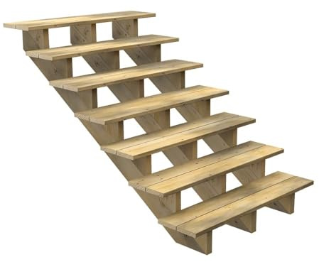 DECKLINEA Escalier Exterieur Bois - 7 Marches - Largeur : 1m20 - Hauteur : 1m19 - Sans Contremarches - Pin du Nord - Traité Autoclave - Kit de fixation fournis