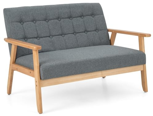 COSTWAY 2-Seater Sofa, Linen Fabric Upholstered Loveseat Sofa Couch with Rubber Wood Legs, Modern Button-Tufted Double Seat Lounge Sofa Chair for Living Room Bedroom Reception, Grey