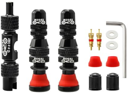 MUQZI Tubeless Schrader Valve Stems Kits - Alloy 40mm Bike No Tubes Valve Schrader Stems Universal for MTB Rim Tubeless Valve with Removal Tool, 40Black
