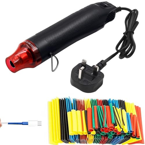 TOPIND Mini Heat Gun, Heat Shrink Tubing Kit, 300W 220V Portable Epoxy Resin Hot Air Gun with 85CM Power Cord for DIY Embossing Drying Paint Crafts + 164 Pcs Heat Shrink Wrap Tube (Black)