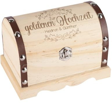 Herz & Heim® Personalisiertes Hochzeitsgeschenk Schatztruhe mit Gravur in verschiedenen Größen (Goldene Hochzeit, ca. 11 cm x 7,5 cm x 6,5 cm (B/H/T))