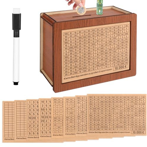 Spardose Holz,Sparbox mit Zahlen,Sparschwein mit Marker,Wiederverwendbare Spardose mit Sparziel und Zahlen zum ankreuzen,für die Entwicklung Einer Spargewohnheit
