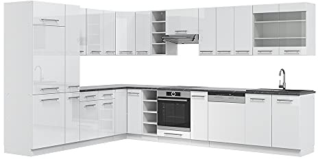 Vicco Eckküche Fame-Line, Weiß Hochglanz/Weiß, 347 x 60 cm, AP Anthrazit, geeignet für Flexible Küchenplanung und modulare Erweiterung