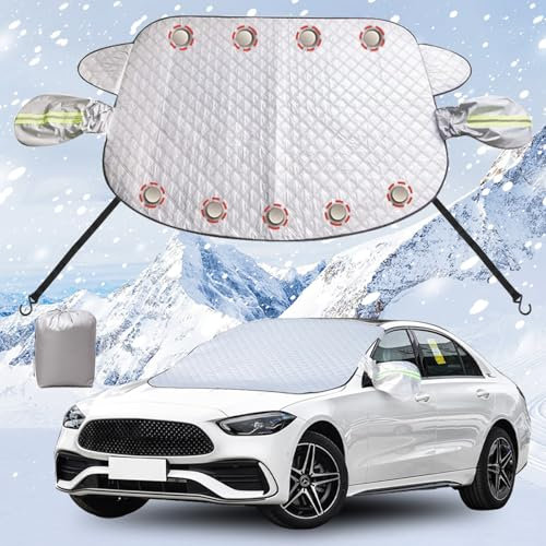 KUKKUME Car Windscreen Cover Frost Thickened Ice Snow Cover Protector for Winter Windshield Sunshade Cover with Magnetic Edges Reflective Side Mirror Cover and Elastic Straps Hooks for Cars Suvs
