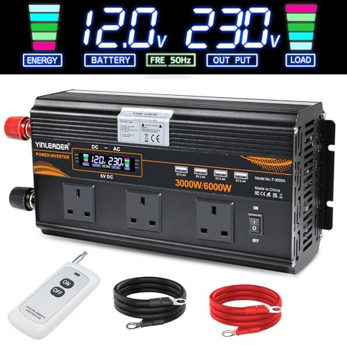 Yinleader Power Inverter DC 12V to 240V 3000W with LCD Display & Remote Control Power Converter with 3 AC Sockets & 4 USB Ports