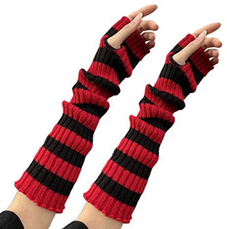 xbiez Gestrickte Arm- und Beinwärmer, lang, fingerlos, gestreift, gestrickt, Handgelenkwärmer mit Daumenloch, für Damen und Mädchen, 42 cm lang, Handschuhe, As desacribed