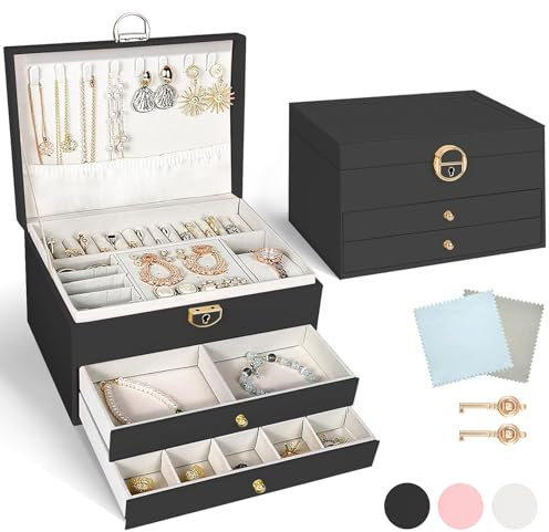 YRZFOOLYR Schmuckkästchen Groß, 3-stöckige Schmuckaufbewahrung mit 2 Schlüsseln & Reinigungstüchern, PU-Leder Schmuckschatulle mit herausnehmbarem Fach, Schmuckkasten für Damen & Mädchen, Schwarz
