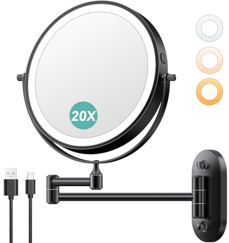 Auxmir 8'' Wall Mounted Lighted Makeup Mirror, 3200mAh Rechargeable Double-Sided 1X/20X Magnifying Mirror with Light, Touch Dimmable 3 Color Light, 360° Rotation Foldable Extended Arm, Black