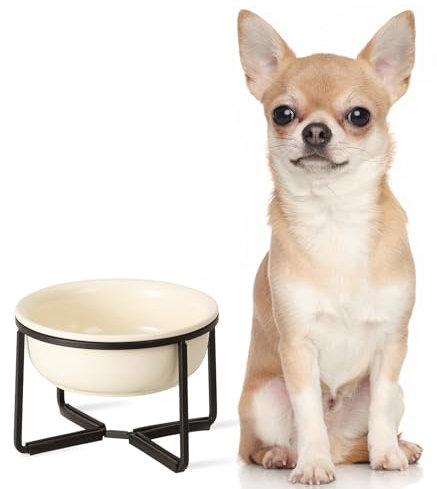 Ciotola per Cani Rialzata Ceramica - Ciotola Cane con Supporto in Metallo Antiscivolo - Ciotola Cibo per Cani Piccola Taglia - Ciotola Acqua Gatto - Scodella per Cuccioli e Gatti - 400 ml - Beige