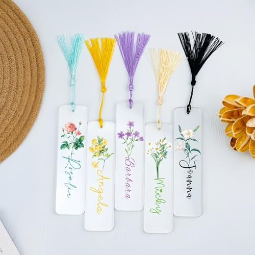 Drawelry Personalisiert Lesezeichen mit Namen Geburtsblume Gravur Bunte Quaste Anhänger Lesezeichen Individuelle Acrylglas Bookmarks für Frauen Mädchen Kinder Valentinstag Geburtstags Geschenke (A3)