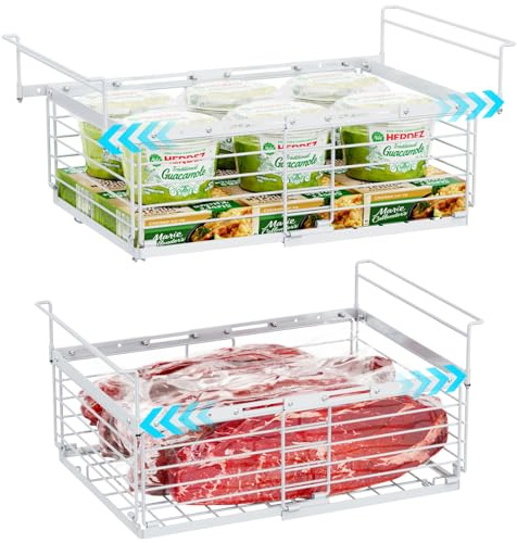 iSPECLE Chest Freezer Baskets, For 283L - 566L Deep Freezer, 2 Pack Expandable Hanging Freezer Organiser Easy Slide to Access Bottom Food, Heavy-Duty Metal Units for Bulk Storage, White