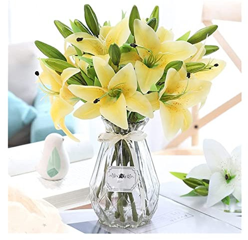 QTYQWC Künstliche Blumen in Vase, künstliche Lilien, künstliche Blumen mit Vase, fühlt Sich echt an, Blumenstrauß für Hochzeit, Party, Haus, Garten, Hotel, Dekoration, künstliche Blumen (Farbe: Gelb