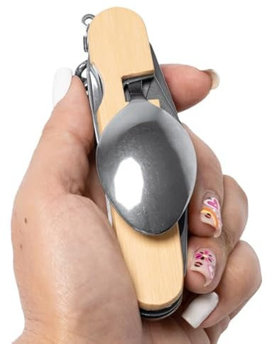 Set de Couverts Pliants Multifonction 6 en 1 en Acier Inoxydable de Voyage, Camping, Pique-nique, Randonnée et Activités Autdoor avec Manche en Bois de Bambou avec Tire-bouchon, Ouvre-Bouteille et