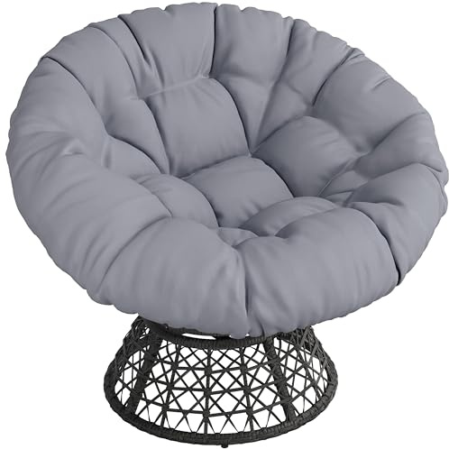 Yaheetech Fauteuil Papasan en Rotin Confortable, Chaise de Jardin Éxterieur avec Grand Coussin Épais, Siège de Lecture Pivotant à 360°pour Chambre Balcon Terrasse Salon de Jardin Noir/Gris