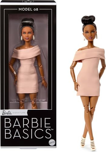 Barbie Basics Model Collector Fashion Doll 08 with Brunette Hair in Tan Dress & Strappy Heels, Universal-fit Fashions & Posable Body