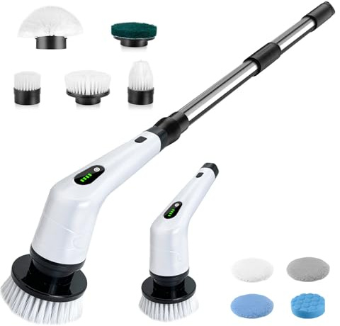Elektrische Reinigungsbürste, Electric Spin Scrubber schnurlos mit 8 austauschbaren Bohrbürstenköpfen, Elektrische Putzbürste mit Verstellbarem Griff für Bad, Küche, Fliesen, Böden, Auto