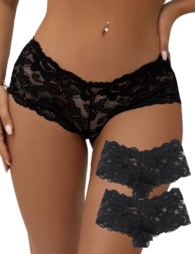 ohyeahlady Women Lace French Knickers Ladies Cotton Crotch Hipster Panties Brazilian Cheeky Underwear Pack of 2 Sexy Bikini Briefs Black UK 12
