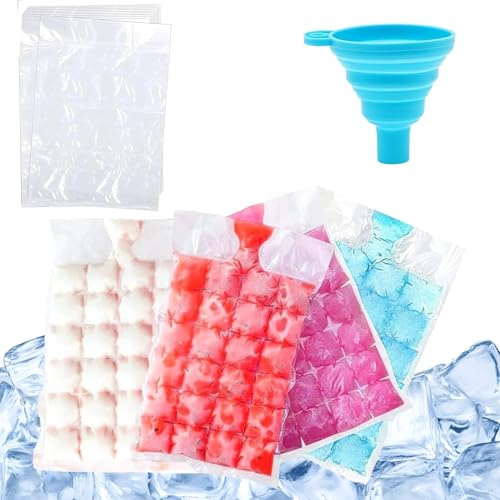 50 Pack(1200 Cubes) Ice Cube Bags with 1 Pcs Silicone Funnel,Disposable Self Sealing Ice Bags,for Freez,Cocktail,Whiskey,Chilled Drinks,Kitchen BBQ Parties,Travel