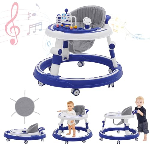 5-i-1 walkhjälp baby walker, höjdjusterbar vikbar, 360° tyst hjul, fotstöd, med musik och avtagbar bricka, lämplig för spädbarn från 6 månader
