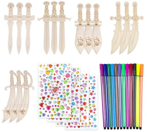 GDFHBD 15 Pieces Of Pirate Sword Coloring Set, Including 12 Pieces Of Brushes And 4 Pieces Of Stickers, Children'S Diy Wooden Swords, Handmade Graffiti Toys, Pirate Theme Party Decoration.