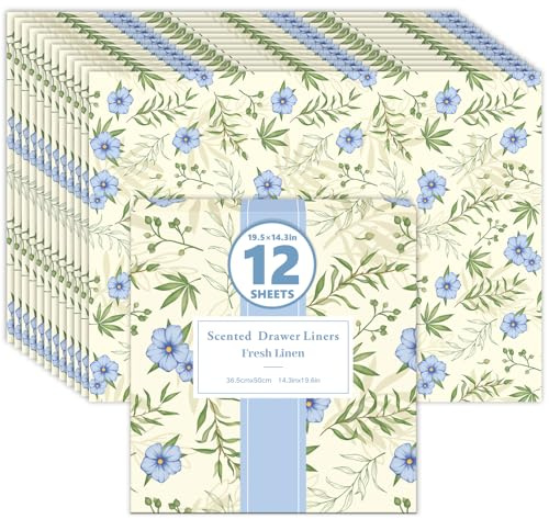 SCENTORINI Linen Scented Drawer Liners 12 Sheets for Wardrobe Closet | 12 Drawer Liner Sheets 36.5x50cm for Drawers, Wardrobes, Dressers, Shelves, Linen Closets, Cupboards and Storage Spaces