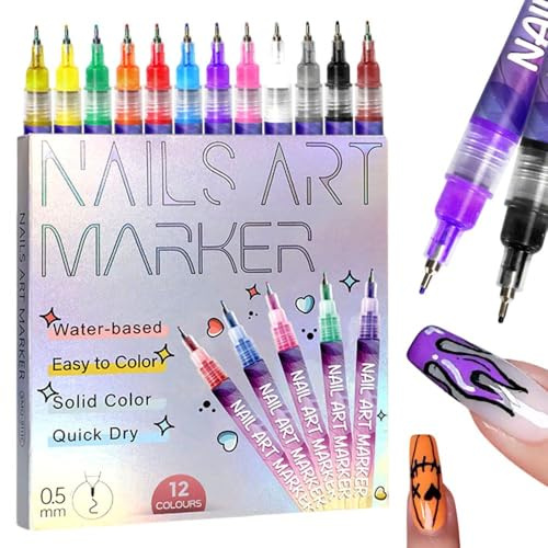12 Colors Nail Art Pens Set, 2026 New Nail Art Markers Polish Pen for 3D Nail Art, Nail Art Tools for Graffiti Dotting Drawing Painting Point Liner DIY (1 set)