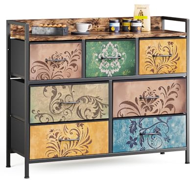 Mondeer Chest of Drawers Bedroom, 7 Fabric Drawers, Retro Floral Prints