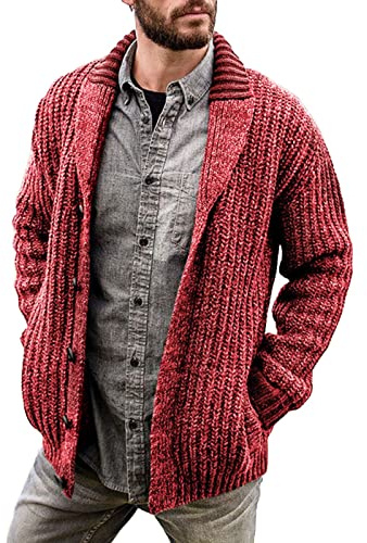 Generisch - Chaqueta de punto para hombre con botones, color sólido, suéter de punto suave y ligero, ajuste relajado, cardigan de manga larga, jumper, cuello con solapa, chaqueta tradicional, rojo, L