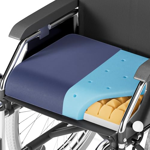 VCOMSOFT Pressure Sore & Tailbone Pain Relief Wheelchair Cushions - Infused Memory Foam with Balanced Support & Softness - Breathable for Office Chair,Desk & Car Seat, 4'' Thick,Non-Slip(Navy)